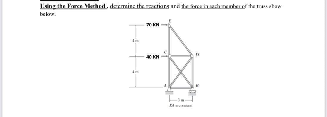 Using the Force Method, determine the reactions and the force in each member of the truss show
below.
70 KN -
4 m
40 KN
4 m
B
EA= constant
