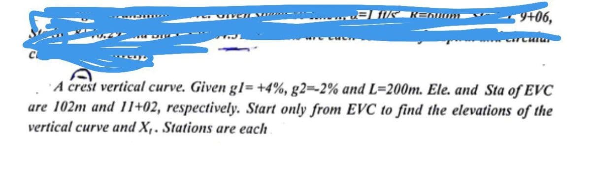 9+06,
---
A crest vertical curve. Given gl= +4%, g2=-2% and L=200m. Ele. and Sta of EVC
are 102m and 11+02, respectively. Start only from EVC to find the elevations of the
vertical curve and X,. Stations are each
