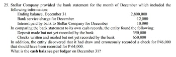 25. Stellar Company provided the bank statement for the month of December which included the
following information:
Ending balance, December 31
Bank service charge for December
Interest paid by bank to Stellar Company for December
In comparing the bank statement to its own cash records, the entity found the following
Deposit made but not yet recorded by the bank
Checks written and mailed but not yet recorded by the bank
In addition, the entity discovered that it had draw and eroneously recorded a check for P46,00
that should have been recorded for P64,000,
What is the cash balance per ledger on December 31?
2,800,000
12,000
10,000
350,00
650,000
