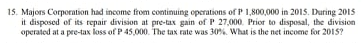 15. Majors Corporation had income from continuing operations of P 1,800,000 in 201S. During 2015
it disposed of its repair division at pre-tax gain of P 27,000. Prior to disposal, the division
operated at a pre-tax loss of P 45,000. The tax rate was 30%. What is the net income for 2015?
