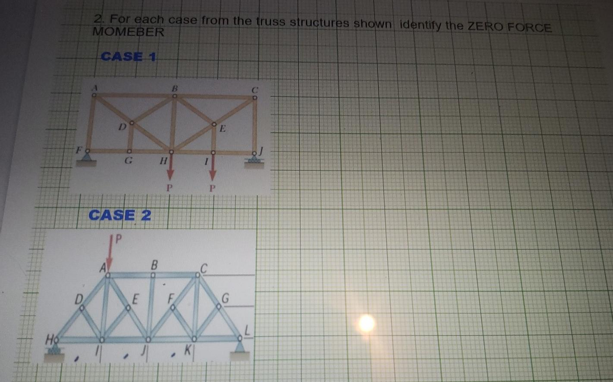 2. For each case from the truss structures shown identify the ZERO FORCE
MOMEBER
CASE 1
E
H.
P
CASE 2
B.
