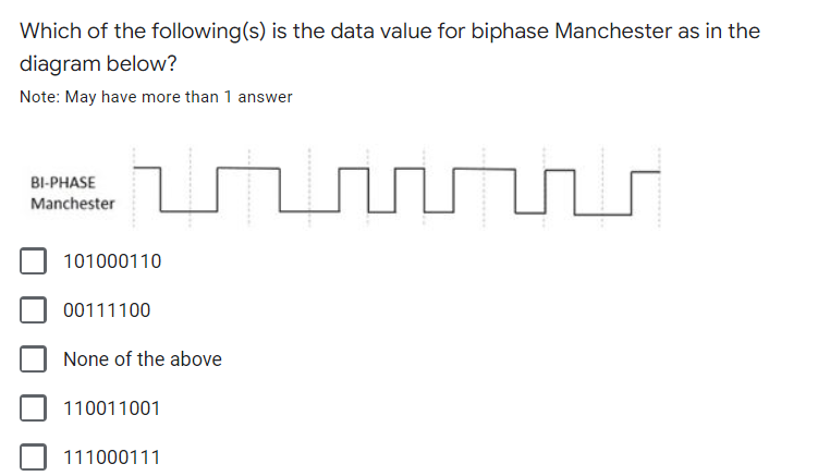 Which of the following(s) is the data value for biphase Manchester as in the
diagram below?
Note: May have more than 1 answer
BI-PHASE
Manchester
101000110
00111100
None of the above
110011001
111000111
