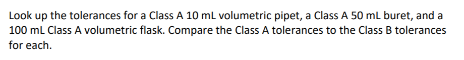 Look up the tolerances for a Class A 10 mL volumetric pipet, a Class A 50 mL buret, and a
100 mL Class A volumetric flask. Compare the Class A tolerances to the Class B tolerances
for each.