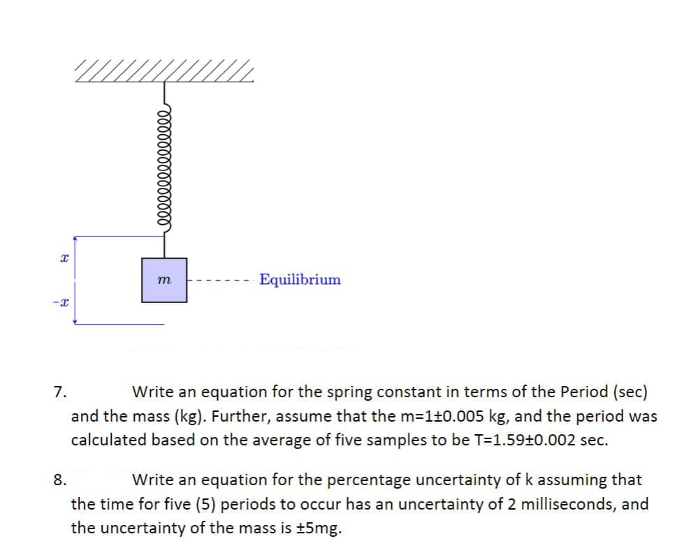 x
-X
lllllllllllllll
m
Equilibrium
7.
Write an equation for the spring constant in terms of the Period (sec)
and the mass (kg). Further, assume that the m=1±0.005 kg, and the period was
calculated based on the average of five samples to be T=1.59+0.002 sec.
8.
Write an equation for the percentage uncertainty of k assuming that
the time for five (5) periods to occur has an uncertainty of 2 milliseconds, and
the uncertainty of the mass is ±5mg.