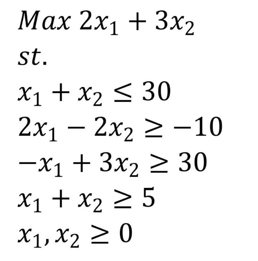 Маx 2х1
+ 3x2
st.
X1 + x2 < 30
2х1 — 2х2 2 -10
-X1 + 3x2
X1 + x2 > 5
X1, X2 2 0
