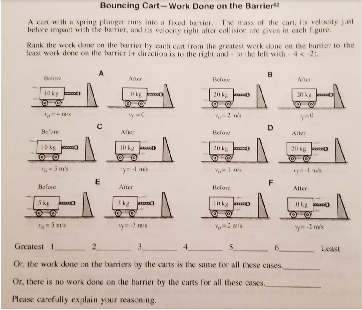 Bouncing Cart-Work Done on the Barrier62
A cart with a spring plunger runs into a fixed barrier. The mass of the cart, its velocity just
before impact with the barrier, and its velocity right after collision are given in each figure.
Rank the work done on the barrier by each cart from the greatest work done on the barrier to the
least work done on the barrier (+ direction is to the right and to the left with 4 < -2).
Before
After
Before
After
10 kg ccccoO
10 kg cooco
20 kg coco
20 kg cocoO
Po=4 m/s
ツミ0
lo=2 m/s
ツ=0
Before
After
Before
After
10 kg cccco0
10 kg ccc
20 kg ccccoD
20 kg cocco
Po=3 m/s
"y=-1 m/s
lo=1 m/s
y=-I m/s
E
F
Before
After
Before
After
5 kg
cocco
5 kg
10 kg cococoD
10 kg ccoco
Po=5 m/s
"y=-3 m/s
lo=2 m/s
y=-2 m/s
Greatest 1
3.
4.
5.
Least
Or, the work done on the barriers by the carts is the same for all these cases.
Or, there is no work done on the barrier by the carts for all these cases,
Please carefully explain your reasoning.
