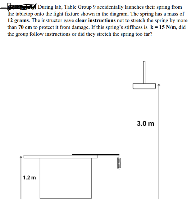 During lab, Table Group 9 accidentally launches their spring from
the tabletop onto the light fixture shown in the diagram. The spring has a mass of
12 grams. The instructor gave clear instructions not to stretch the spring by more
than 70 cm to protect it from damage. If this spring's stiffness is k= 15 N/m, did
the group follow instructions or did they stretch the spring too far?
3.0 m
1.2 m
