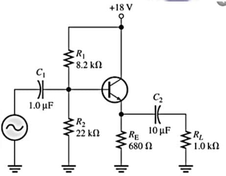 +18 V
R
8.2 k2
C2
1.0 μF
R2
22 kn
10 μF
RE
680 N
RL
1.0 kN
