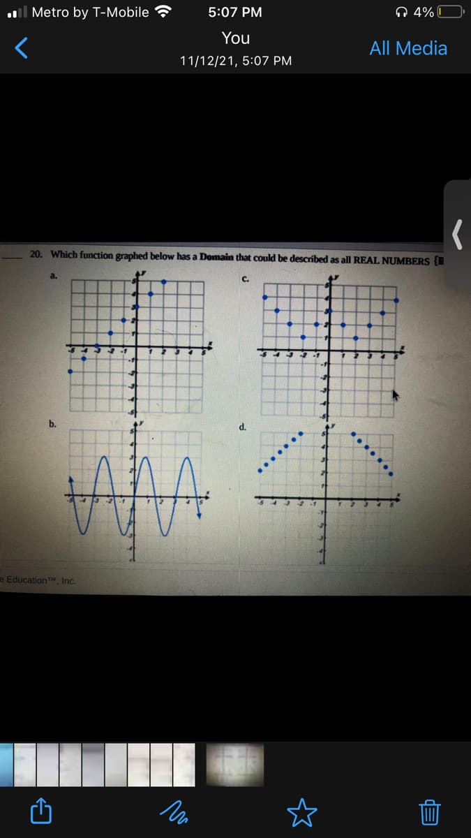 ll Metro by T-Mobile
5:07 PM
ņ 4%|
You
All Media
11/12/21, 5:07 PM
20. Which function graphed below has a Domain that could be described as all REAL NUMBERS {I
a.
C.
b.
d.
e EducationTM Inc.
