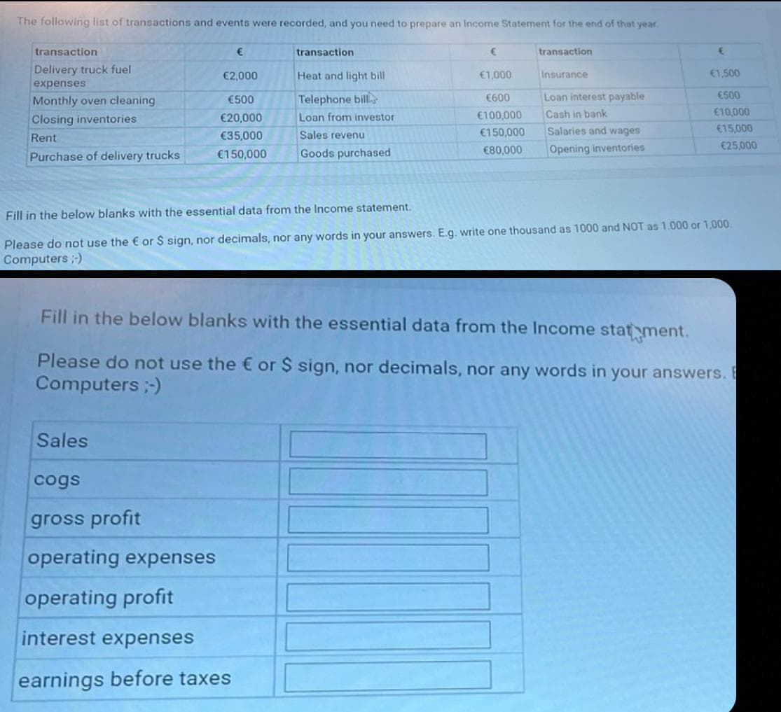 The following list of transactions and events were recorded, and you need to prepare an Income Statement for the end of that year.
transaction
Delivery truck fuel
expenses
Monthly oven cleaning.
Closing inventories
Rent
Purchase of delivery trucks
€
€2,000
€500
€20,000
€35,000
€150,000
transaction
Sales
cogs
gross profit
operating expenses
operating profit
interest expenses
earnings before taxes
Heat and light bill
Telephone bill
Loan from investor
Sales revenu
Goods purchased
€
€1,000
transaction
Insurance
Loan interest payable
€600
€100,000
Cash in bank
€150,000
Salaries and wages
€80,000 Opening inventories
€
€1,500
€500
€10,000
€15,000
€25,000
Fill in the below blanks with the essential data from the Income statement.
Please do not use the € or $ sign, nor decimals, nor any words in your answers. E.g. write one thousand as 1000 and NOT as 1.000 or 1,000.
Computers ;-)
Fill in the below blanks with the essential data from the Income statement.
Please do not use the € or $ sign, nor decimals, nor any words in your answers.
Computers ;-)