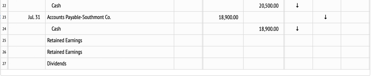 22
23
24
25
26
27
Cash
Jul. 31 Accounts Payable-Southmont Co.
Cash
Retained Earnings
Retained Earnings
Dividends
18,900.00
20,500.00
18,900.00
↓
↓