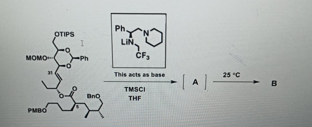 MOMO...
31
PMBO
OTIPS
0
I
Ph
BnO
****
Ph.
LIN
CF3
This acts as base
TMSCI
THF
-1
➤
A
25 °C
B