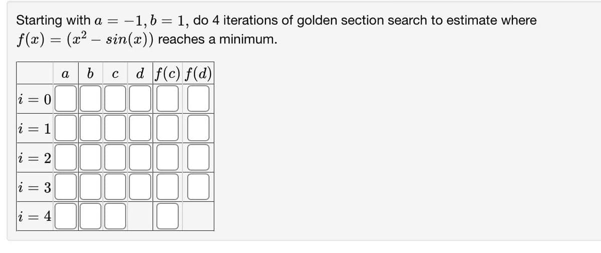 Starting with a = -1, b = 1, do 4 iterations of golden section search to estimate where
f(x) = (x² — sin(x)) reaches a minimum.
-
= 0
i = 1
i= 2
i = 3
i = 4
a
b
C d f(c) f(d)