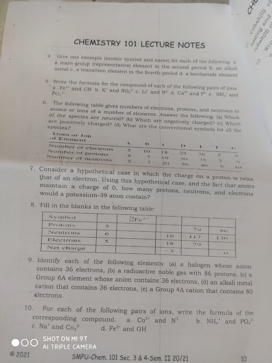 CHEMISTRY 101 LECTURE NOTES
4.
Give one example (atomic symbol and name) for each of the following. a.
a main-group (representative) element in the second period b. an alkali
metal c. a transition element in the fourth-period d. a lanthanide element
5. Write the formula for the compound of each of the following pairs of ions.
a. Fe and CN b. K' and SO,² c. Li' and N³ d. Ca²² and P e. NH, and
PO,
6.
The following table gives numbers of electrons, protons, and neutrons in
atoms or ions of a number of elements. Answer the following: (a) Which
of the species are neutral? (b) Which are negatively charged? (c) Which
are positively charged? (d) What are the conventional symbols for all the
species?
Atom or lon
of Elenment
B
Number of electrons
10
18
28
Number of protons
Number of neutrons
36
5.
フ
19
30
35
20
36
46
7. Consider a hypothetical case in which the charge on a proton is twice
that of an electron. Using this hypothetical case, and the fact that atoms
maintain a charge of 0, how many protons, neutrons, and electrons
would a potassium-39 atom contain?
8. Fill in the blanks in the following table:
Symbol
Fe
Protons
フリ
86
Neutrons
16
I17
136
Electrons
18
79
Net charge
9. Identify each of the following elements: (a) a halogen whose anion
contains 36 electrons, (b) a radioactive noble gas with 86 protons, (c) a
Group 6A element whose anion contains 36 electrons, (d) an alkali metal
cation that contains 36 electrons, (e) a Group 4A cation that contains 80
electrons.
For each of the following pairs of ions, write the formula of the
corresponding compound.
c. Na and Co,
10.
a. Co2 and N
b. NH, and PO.
d. Fe and OH
SHOT ON MI9T
Al TRIPLE CAMERA
©2021
SMPU-Chem. 101 Sec. 3 & 4-Sem. II 20/21
10
CHE
Cobalt(II) ch
heating and
cobalt(II) s
12.
Wri
