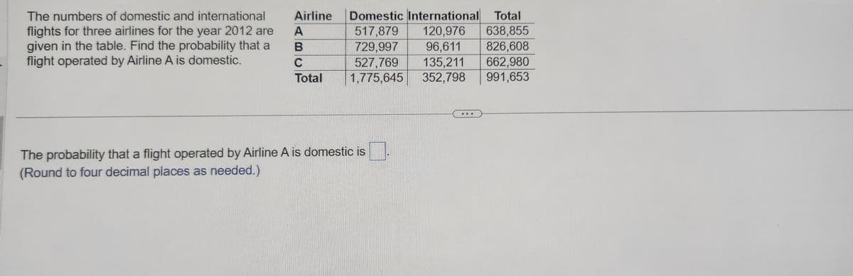 The numbers of domestic and international
flights for three airlines for the year 2012 are
given in the table. Find the probability that a
flight operated by Airline A is domestic.
Airline Domestic International Total
517,879 120,976 638,855
96,611 826,608
729,997
527,769
Total 1,775,645
135,211 662,980
352,798
991,653
A
B
O
The probability that a flight operated by Airline A is domestic is
(Round to four decimal places as needed.)