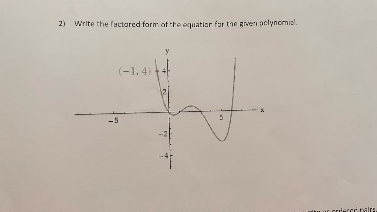 2) Write the factored form of the equation for the given polynomial.
y
(-1, 4)
2
-5
-4
ito as ordered pairs.
