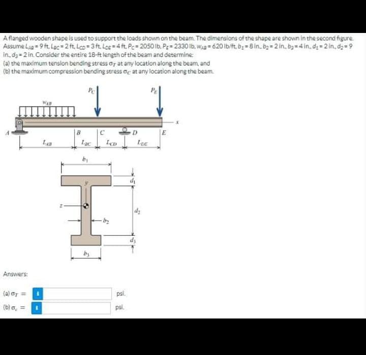 A flanged wooden shape is used to support the loads shown on the beam. The dimensions of the shape are shown in the second figure.
Assume Lap=9 ft. Lac=2 ft. Lop=3 ft. Loe = 4 ft. Pc= 2050 lb, Pe=2330 lb, was 620 lb/ft, b:=8 in, b=2 in.bg=4 in. d=2in.d₂=9
in, d₂= 2 in. Consider the entire 18-ft length of the beam and determine:
(a) the maximum tension bending stress dy at any location along the beam, and
(b) the maximum compression bending stress og at any location along the beam.
Answers:
(a) OT
(b) a =
1
WAN
LA
B
Lac
C
by
LCD
IH
-by
psi.
psi.
D
d₁
dy
LDE
E