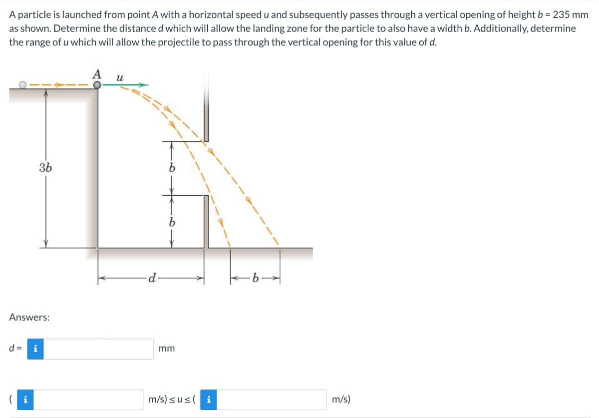 A particle is launched from point A with a horizontal speed u and subsequently passes through a vertical opening of height b = 235 mm
as shown. Determine the distance d which will allow the landing zone for the particle to also have a width b. Additionally, determine
the range of u which will allow the projectile to pass through the vertical opening for this value of d.
Answers:
d = i
3b
(i
u
d
mm
m/s) ≤u≤ ( i
m/s)