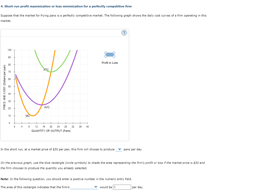 4. Short-run profit maximization or loss minimization for a perfectly competitive firm
Suppose that the market for frying pans is a perfectly competitive market. The following graph shows the daily cost curves of a firm operating in this
market.
PRICE AND COST (Dollars per pan)
100
90
80
70
60
50
30
20
10
0
0
4
MC
+
8
ATC
AVC
12
16 20 24 28
QUANTITY OF OUTPUT (Pans)
32
36
40
Profit or Loss
?
In the short run, at a market price of $30 per pan, this firm will choose to produce pans per day.
On the previous graph, use the blue rectangle (circle symbols) to shade the area representing the firm's profit or loss if the market price is $30 and
the firm chooses to produce the quantity you already selected.
Note: In the following question, you should enter a positive number in the numeric entry field.
The area of this rectangle indicates that the firm's
✓ would be $
per day.