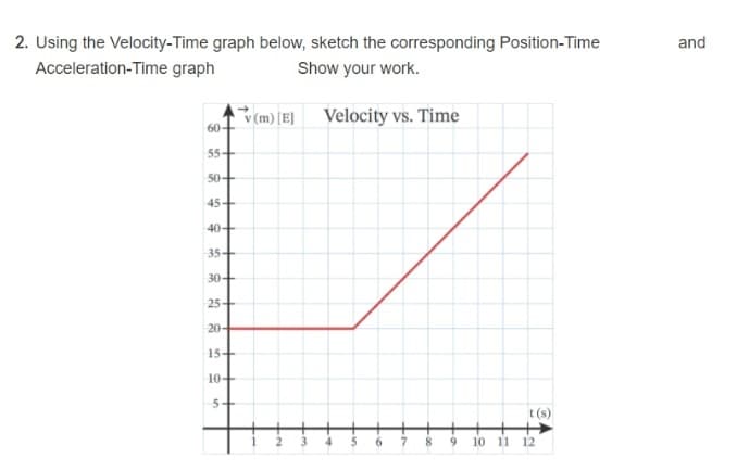 2. Using the Velocity-Time graph below, sketch the corresponding Position-Time
Acceleration-Time graph
and
Show your work.
v (m) [E]
60-
Velocity vs. Time
55+
50+
45+
40+
35+
30+
25+
20-
15+
10+
5+
t(s)
10 11 12
6.
