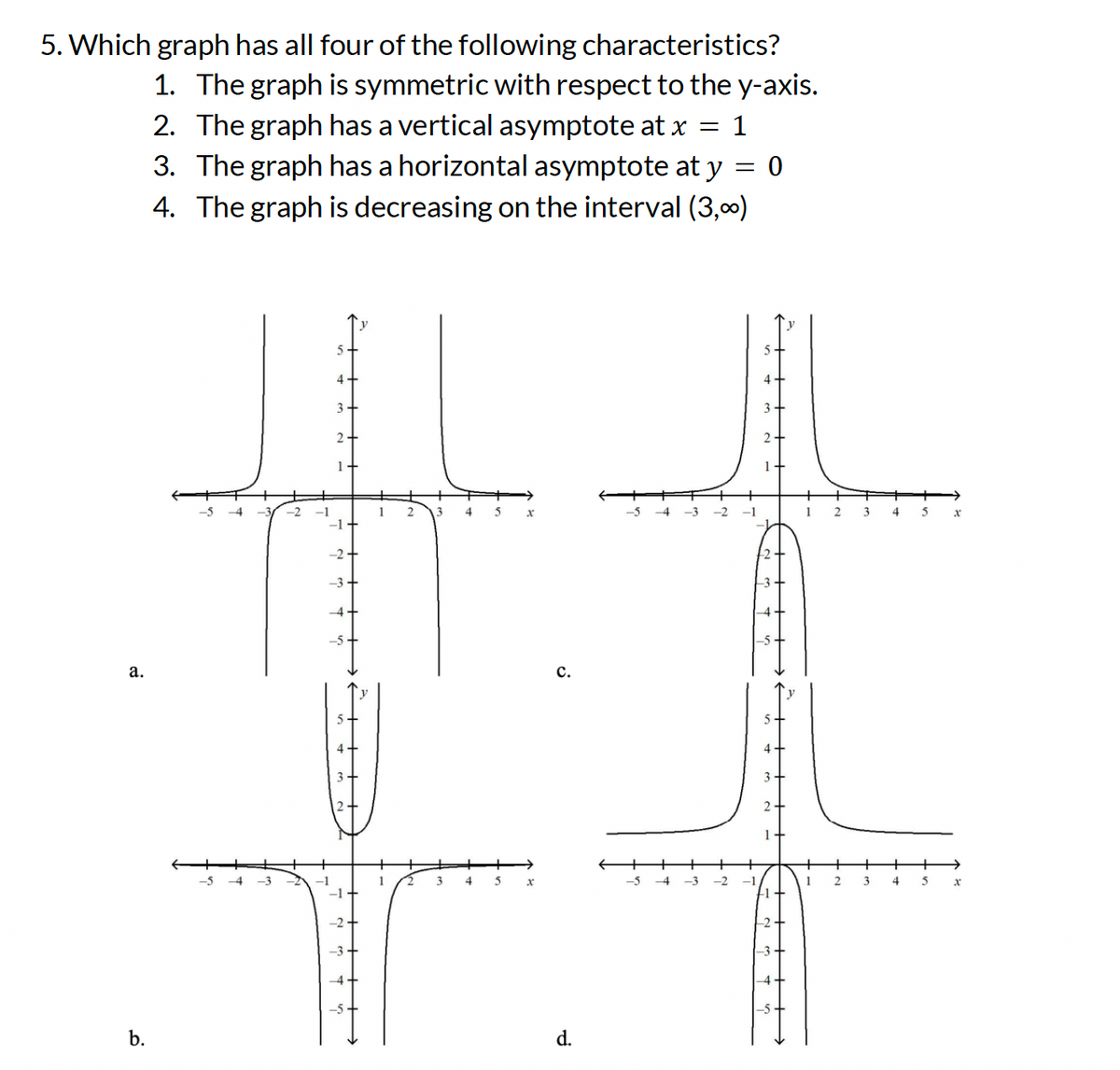 5. Which graph has all four of the following characteristics?
1. The graph is symmetric with respect to the y-axis.
2. The graph has a vertical asymptote at x = 1
3. The graph has a horizontal asymptote at y
4. The graph is decreasing on the interval (3,∞)
=
a.
b.
-2
-5 -4 -3 -2
3-
1
2
3 4
3
4
5 X
5
x
C.
d.
-5
-3 -2 -1
-5 -4 -3
-2
0
1 2 3
1 2
3
4
4
5
5
Xx
x