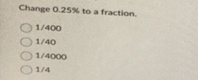 Change 0.25% to a fraction.
1/400
1/40
1/4000
1/4