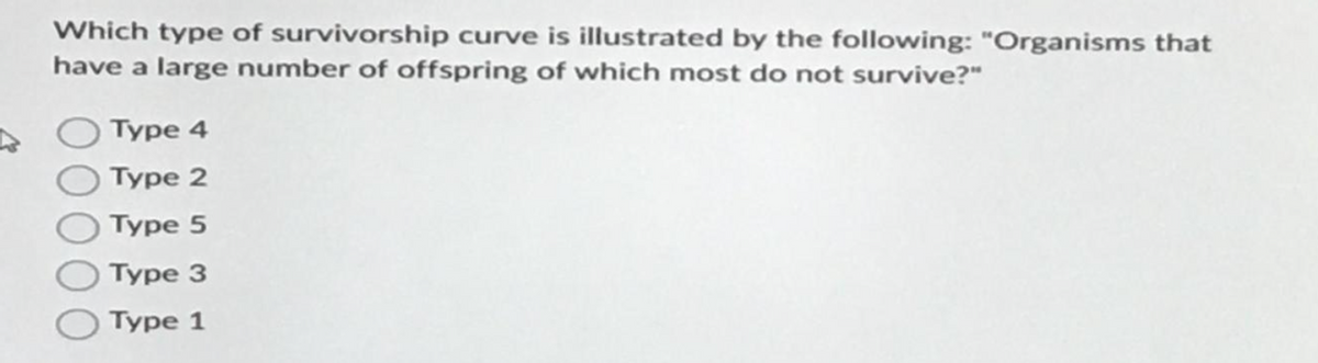 Which type of survivorship curve is illustrated by the following: "Organisms that
have a large number of offspring of which most do not survive?"
Type 4
Type 2
Type 5
Type 3
Type 1