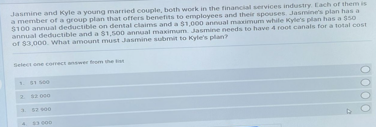 Jasmine and Kyle a young married couple, both work in the financial services industry. Each of them is
a member of a group plan that offers benefits to employees and their spouses. Jasmine's plan has a
$100 annual deductible on dental claims and a $1,000 annual maximum while Kyle's plan has a $50
annual deductible and a $1,500 annual maximum. Jasmine needs to have 4 root canals for a total cost
of $3,000. What amount must Jasmine submit to Kyle's plan?
Select one correct answer from the list
1. $1.500
2. $2.000
3.
$2 900
$3 000