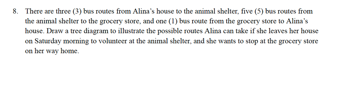 8. There are three (3) bus routes from Alina's house to the animal shelter, five (5) bus routes from
the animal shelter to the grocery store, and one (1) bus route from the grocery store to Alina's
house. Draw a tree diagram to illustrate the possible routes Alina can take if she leaves her house
on Saturday morning to volunteer at the animal shelter, and she wants to stop at the grocery store
on her way home.