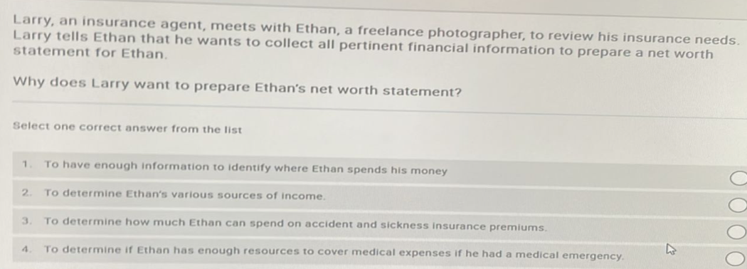 Larry, an insurance agent, meets with Ethan, a freelance photographer, to review his insurance needs.
Larry tells Ethan that he wants to collect all pertinent financial information to prepare a net worth
statement for Ethan.
Why does Larry want to prepare Ethan's net worth statement?
Select one correct answer from the list
1 To have enough information to identify where Ethan spends his money
2. To determine Ethan's various sources of income.
3. To determine how much Ethan can spend on accident and sickness insurance premiums.
To determine if Ethan has enough resources to cover medical expenses if he had a medical emergency.
O O O O