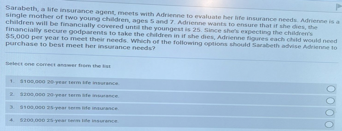 Sarabeth, a life insurance agent, meets with Adrienne to evaluate her life insurance needs. Adrienne is a
single mother of two young children, ages 5 and 7. Adrienne wants to ensure that if she dies, the
children will be financially covered until the youngest is 25. Since she's expecting the children's
financially secure godparents to take the children in if she dies, Adrienne figures each child would need
$5,000 per year to meet their needs. Which of the following options should Sarabeth advise Adrienne to
purchase to best meet her insurance needs?
Select one correct answer from the list
1. $100,000 20-year term life insurance.
2. $200,000 20-year term life insurance.
$100,000 25-year term life insurance.
4. $200,000 25-year term life insurance.
3.
O O
O
