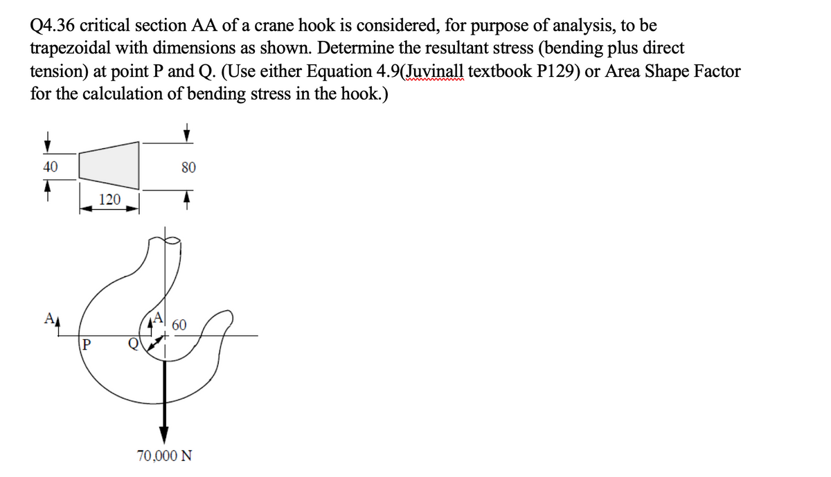 Q4.36 critical section AA of a crane hook is considered, for purpose of analysis, to be
trapezoidal with dimensions as shown. Determine the resultant stress (bending plus direct
tension) at point P and Q. (Use either Equation 4.9(Juvinall textbook P129) or Area Shape Factor
for the calculation of bending stress in the hook.)
40
80
120
60
70,000 N
