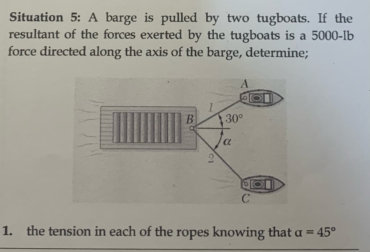 Situation 5: A barge is pulled by two tugboats. If the
resultant of the forces exerted by the tugboats is a 5000-lb
force directed along the axis of the barge, determine;
B
A
30°
Ja
C
1. the tension in each of the ropes knowing that a = 45°