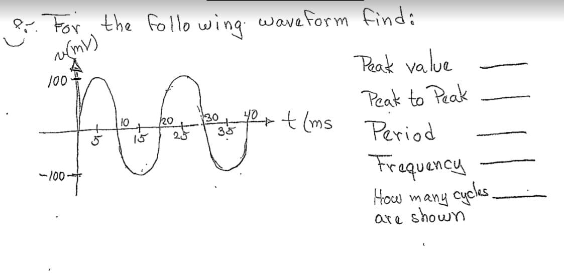 ### Analysis of the Given Waveform

In this educational exercise, we will analyze the given waveform to determine several key characteristics. The waveform graph displays the voltage \( v \) in millivolts (mV) over time \( t \) in milliseconds (ms).

**Tasks:**
1. **Peak Value**
2. **Peak to Peak Value**
3. **Period**
4. **Frequency**
5. **Number of Cycles Shown**

#### Description of the Waveform

- **Graph Axes**
  - The vertical axis represents the voltage \( v \) in millivolts (mV), ranging from \( -100 \) mV to \( 100 \) mV.
  - The horizontal axis represents time \( t \) in milliseconds (ms), ranging from 0 ms to 40 ms.

- **Waveform Characteristics**
  - The waveform appears sinusoidal with peaks at \( 100 \) mV and troughs at \( -100 \) mV.
  - Points of interest along the time axis include: 0 ms, 10 ms, 20 ms, 30 ms, and 40 ms.

#### Details to Find:

- **Peak Value:** The maximum value reached by the waveform (100 mV).
- **Peak to Peak Value:** The total distance from the highest peak to the lowest trough (200 mV).
- **Period:** The time duration over which one complete cycle of the waveform occurs, which can be calculated by observing the repetitive nature of the wave.
- **Frequency:** The number of cycles the waveform completes in one second, calculated as the reciprocal of the period.
- **Number of Cycles Shown:** The count of complete waves displayed within the 40 ms time frame on the graph.

Use the graphical data provided to determine each of these characteristics, which are essential in understanding the behavior of sinusoidal waveforms in various applications, including electrical engineering and signal processing.