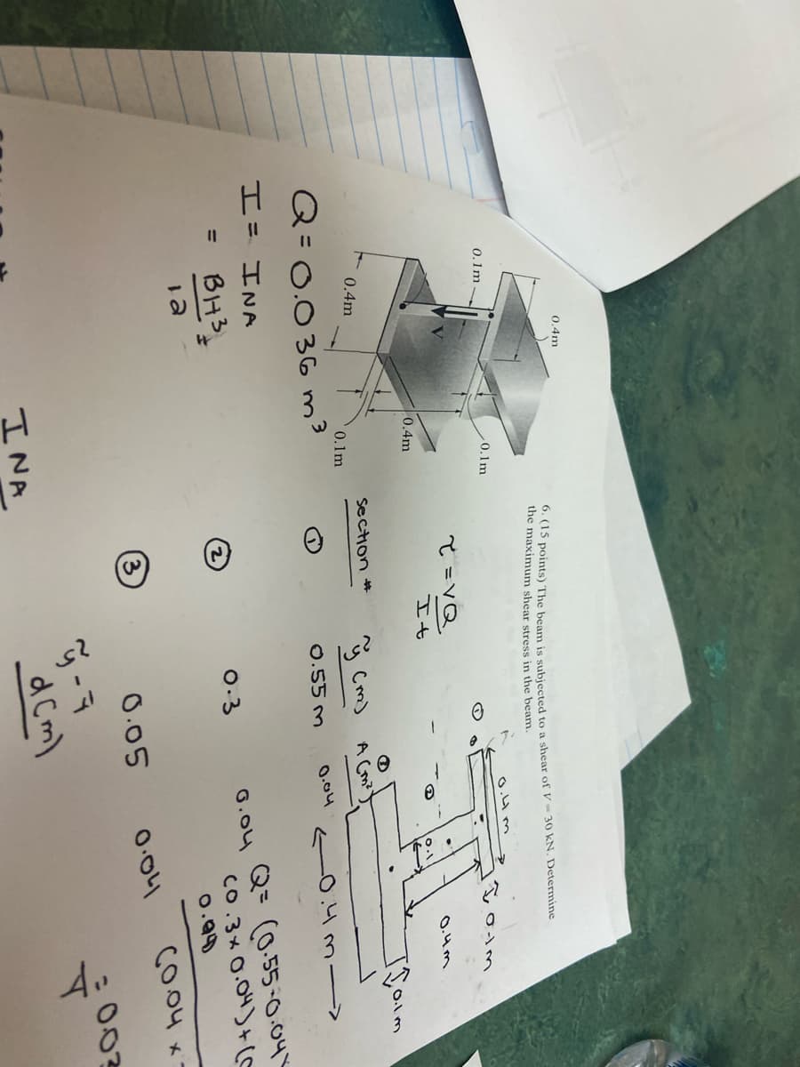 0.4m
thrs points) The beam is subieccted to a shear of V = 30 kN. Determine
the maximum shear stress in the beam.
0.1m
0.1m
るom
て =VQ
o.4m
エt
0.4m
0.4m
Section #
* Cm)
0.1m
Q= 0.036 m3
0.55 m
0.04
エニ エNA
G.04 Q= (0.55-0.04
co.3x0.04)+(e
BH3
0-3
0.99
e1
CO04 x
0.05
0.01
003
工NA
d Cm)

