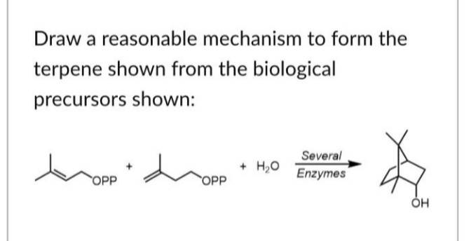 Draw a reasonable mechanism to form the
terpene shown from the biological
precursors shown:
Several
+ H,0 Enzymes
OPP
OPP
