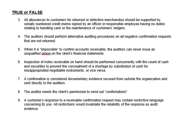 TRUE or FALSE
3. All allowances to customers for returned or defective merchandise should be supported by
serially numbered credit memo signed by an officer or responsible employee having no duties
relating to handling cash or the maintenance of customers' ledgers.
4. The auditors should perform alternative auditing procedures on all negative confirmation requests
that are not returned.
5. When it is "impossible" to confirm accounts receivable, the auditors can never issue an
unqualified oinion, on the client's financial statements.
6. Inspection of notes receivable on hand should be performed concurrently with the count of cash
and securities to prevent the concealment of a shortage by substitution of cash for
misappropriated negotiable instruments, or vice versa.
7. A confirmation is considered documentary evidence secured from outside the organization and
sent directly to the auditors.
8. The auditor needs the client's permission to send out "confirmations"
9. A customer's response to a receivable confirmation request may contain restrictive language
concerning its use. All restrictions would invalidate the reliability of the response as audit
evidence.
