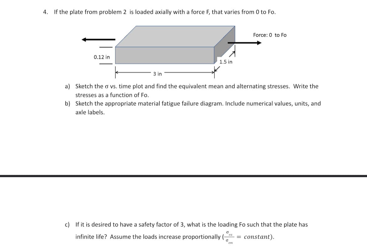 4. If the plate from problem 2 is loaded axially with a force F, that varies from 0 to Fo.
0.12 in
3 in
1.5 in
Force: 0 to Fo
a) Sketch the σ vs. time plot and find the equivalent mean and alternating stresses. Write the
stresses as a function of Fo.
b) Sketch the appropriate material fatigue failure diagram. Include numerical values, units, and
axle labels.
c) If it is desired to have a safety factor of 3, what is the loading Fo such that the plate has
σ
infinite life? Assume the loads increase proportionally (-
ea
= constant).
σ
em