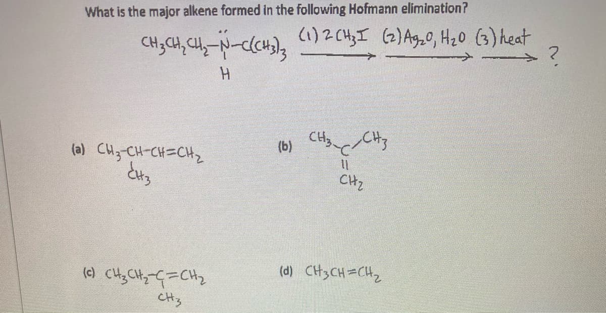 What is the major alkene formed in the following Hofmann elimination?
(1)2 CH;I (2) Ag,0, H20 (3) heat
(b)
(a) CHz-CH-CH=CH2
CHZ
(d) CH3CH=C42
(e) CH, CH,-G=CH2
CH,
