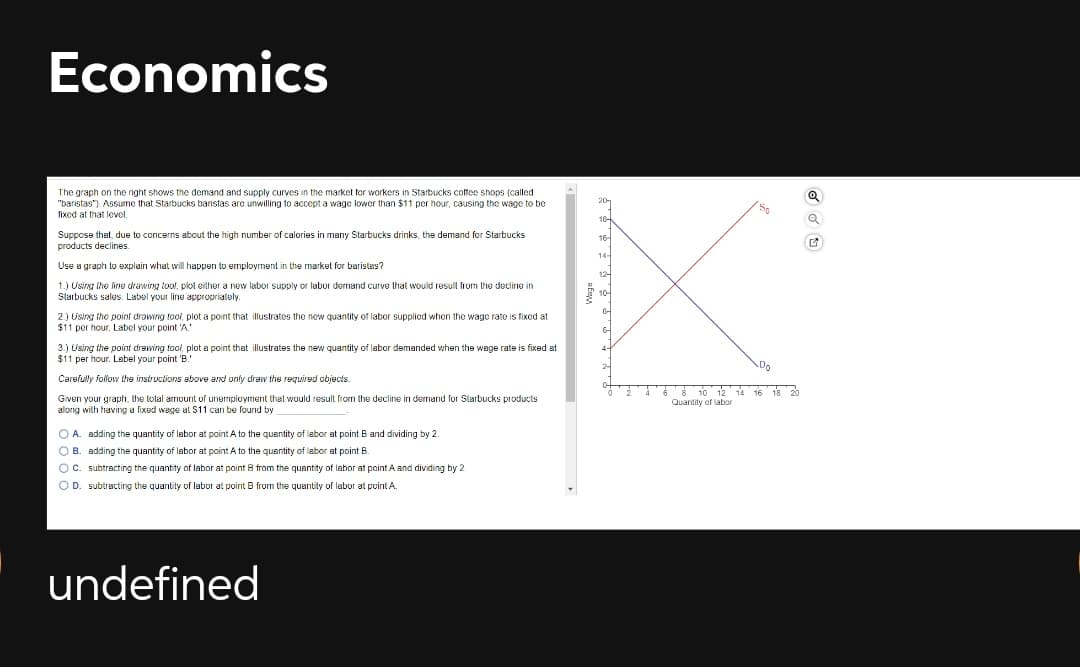 Economics
The graph on the right shows the demand and supply curves in the market for workers in Starbucks coffee shops (called
"baristas"). Assume that Starbucks barnistas are unwilling to accept a wage lower than $11 per hour, causing the wage to be
fixed at that level.
18-
Suppose that, due to concerns about the high number of calories in many Starbucks drinks, the demand for Starbucks
products declines.
16-
14-
Use a graph to explain what will happen to employrment in the market for baristas?
12-
1.) Using the line drawing tool, plot either a new labor supply or labor demand curve that would result from the decline in
Slarbucks sales. Label your line approprialely.
2.) Using the point drawing tool, plot a point that illustrates the new quantity of labor supplied when the wage rate is fixed at
$11 per hour. Label your point 'A."
6-
3.) Using the point drewing tool, plot a point that illustrates the new quantity of labor demanded when the wage rate is fixed at
$11 per hour. Label your point 'B.'
2-
Carsfully follow the instructions above and only draw the required objects.
12 14 16 18 20
Given your graph, the lolal armount of unemployment that would result fron the decline in demand for Slarbucks products
along with having a fixed wage at $11 can be fournd by
Quantity of labor
O A. adding the quantity of labor at point A to the quantity of labor at point B and dividing by 2.
O B. adding the quantity of labor at point A to the quantity of labor at point B.
OC. subtracting the quantity of labor at point B from the quantity of labor at point A and dividing by 2.
OD. subtracting the quantity of lubor at point B from the quantity of labor at point A.
undefined
