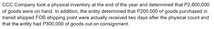 CcC Company took a physical inventory at the end of the year and determined that P2,600,000
of goods were on hand. In addition, the entity determined that P200,000 of goods purchased in
transit shipped FOB shipping point were actually received two days after the physical count and
that the entity had P300,000 of goods out on consignment.
