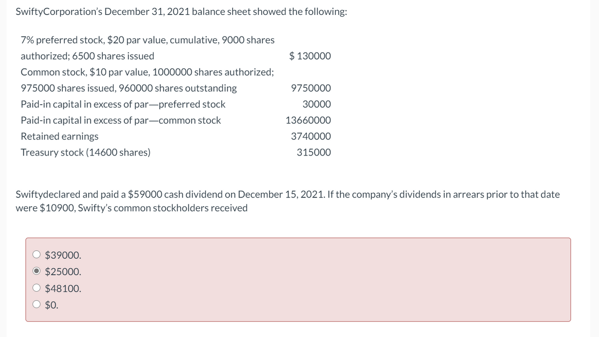 SwiftyCorporation's December 31, 2021 balance sheet showed the following:
7% preferred stock, $20 par value, cumulative, 9000 shares
authorized; 6500 shares issued
$ 130000
Common stock, $10 par value, 1000000 shares authorized;
975000 shares issued, 960000 shares outstanding
9750000
Paid-in capital in excess of par-preferred stock
30000
Paid-in capital in excess of par-common stock
13660000
Retained earnings
3740000
Treasury stock (14600 shares)
315000
Swiftydeclared and paid a $59000 cash dividend on December 15, 2021. If the company's dividends in arrears prior to that date
were $10900, Swifty's common stockholders received
$39000.
O $25000.
O $48100.
$0.
