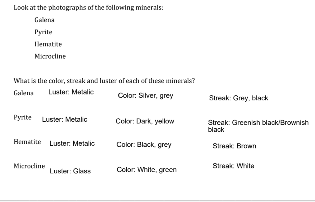 Look at the photographs of the following minerals:
Galena
Рyrite
Hematite
Microcline
What is the color, streak and luster of each of these minerals?
Galena
Luster: Metalic
Color: Silver, grey
Streak: Grey, black
Рyrite
Luster: Metalic
Color: Dark, yellow
Streak: Greenish black/Brownish
black
Hematite
Luster: Metalic
Color: Black, grey
Streak: Brown
Microcline
Streak: White
Luster: Glass
Color: White, green
