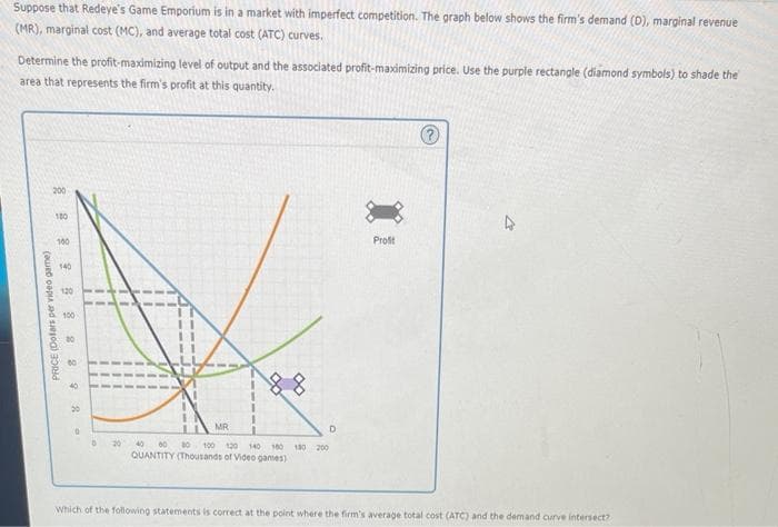 Suppose that Redeye's Game Emporium is in a market with imperfect competition. The graph below shows the firm's demand (D), marginal revenue
(MR), marginal cost (MC), and average total cost (ATC) curves.
Determine the profit-maximizing level of output and the associated profit-maximizing price. Use the purple rectangle (diamond symbols) to shade the
area that represents the firm's profit at this quantity.
2 2 2 2 2 2 2 2 2 2 -
PRICE (Dofars per video game)
200
100
100
140
120
100
40
20
20 40
MR
1
88
60 10 100 120 140 160 180 200
QUANTITY (Thousands of Video games)
D
Profit
Which of the following statements is correct at the point where the firm's average total cost (ATC) and the demand curve intersect?