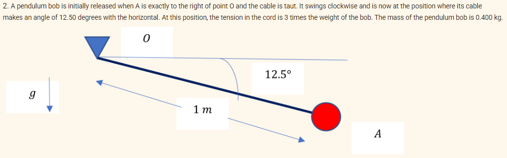 2. A pendulum bob is initially released when A is exactly to the right of point O and the cable is taut. It swings clockwise and is now at the position where its cable
makes an angle of 12.50 degrees with the horizontal. At this position, the tension in the cord is 3 times the weight of the bob. The mass of the pendulum bob is 0.400 kg.
12.5°
1 т
А
