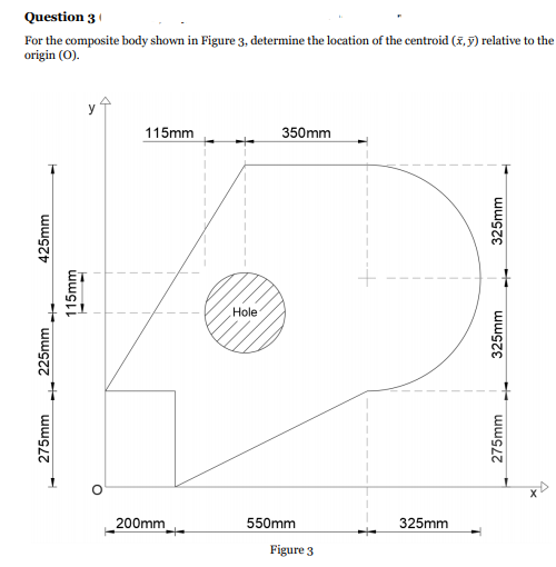 Question 3 (
For the composite body shown in Figure 3, determine the location of the centroid (7,y) relative to the
origin (0).
115mm
350mm
Hole
200mm
550mm
325mm
Figure 3
275mm
225mm
425mm
275mm
325mm
325mm
