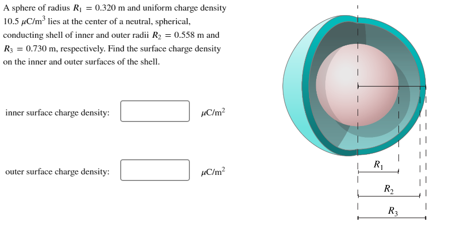 A sphere of radius R₁ = 0.320 m and uniform charge density
10.5 μC/m³ lies at the center of a neutral, spherical,
conducting shell of inner and outer radii R₂ = 0.558 m and
R3 = 0.730 m, respectively. Find the surface charge density
on the inner and outer surfaces of the shell.
inner surface charge density:
outer surface charge density:
µC/m²
µC/m²
R₁
R₂
R3