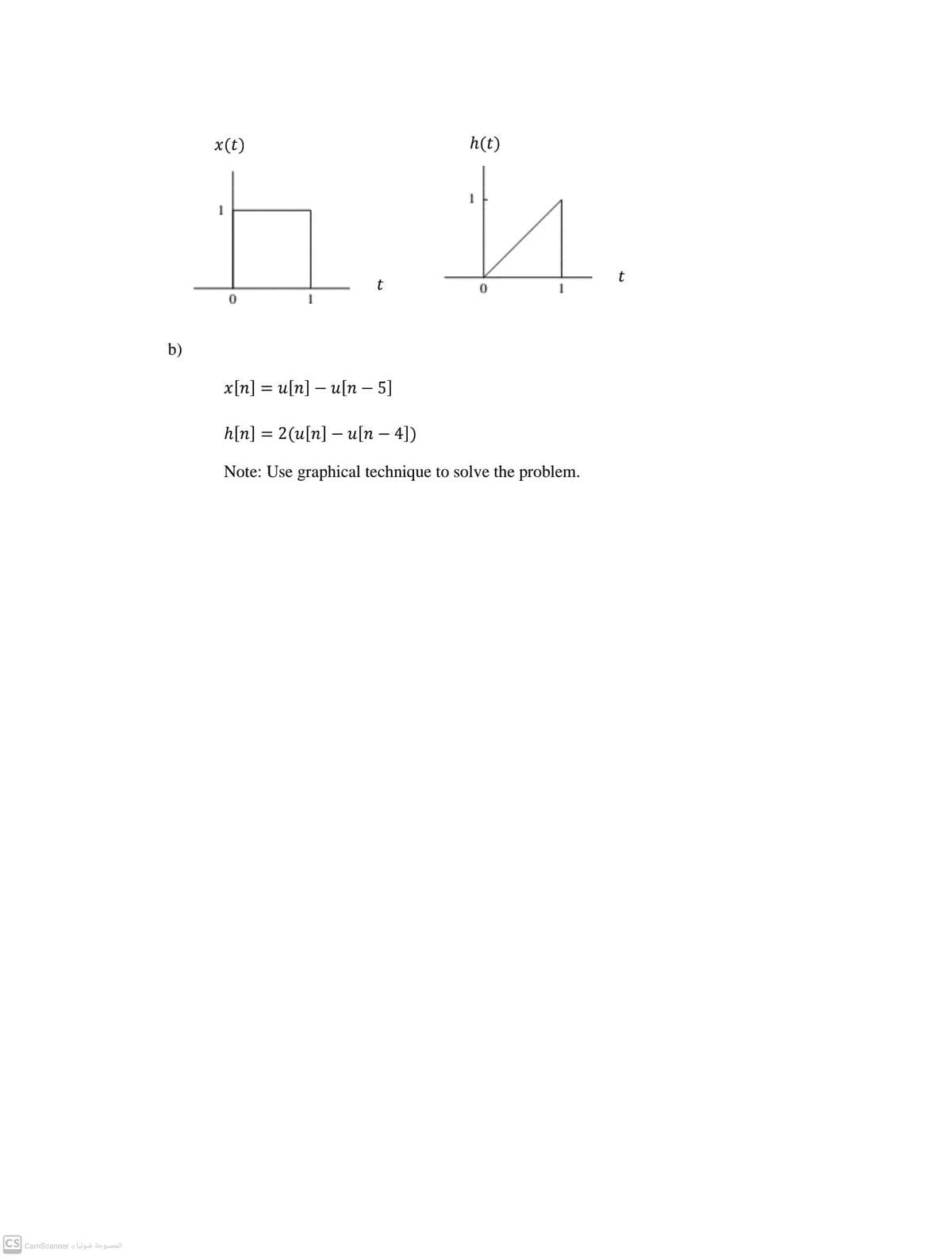 x(t)
h(t)
t
b)
x[n] = u[n] – u[n – 5]
h[n] = 2(u[n] – u[n – 4])
Note: Use graphical technique to solve the problem.
CS CamScanner - Wgo guall
