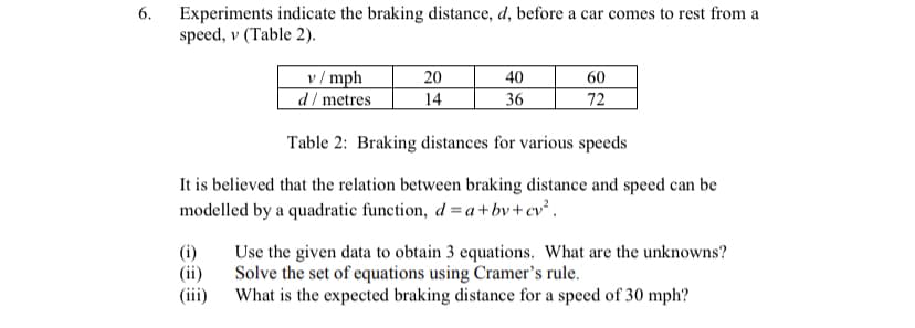 6. Experiments indicate the braking distance, d, before a car comes to rest from a
speed , ν (Table 2).
v/ mph
d/ metres
20
40
60
14
36
72
Table 2: Braking distances for various speeds
It is believed that the relation between braking distance and speed can be
modelled by a quadratic function, d = a+bv+ev² .
(i)
(ii)
(iii)
Use the given data to obtain 3 equations. What are the unknowns?
Solve the set of equations using Cramer's rule.
What is the expected braking distance for a speed of 30 mph?
