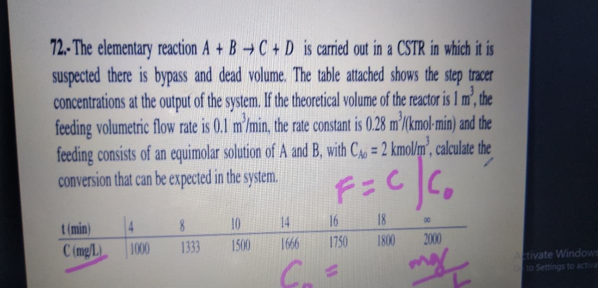 72.- The elementary reaction A + B C + D is carried out in a CSTR in which it is
suspected there is bypass and dead volume. The table attached shows the step tracer
concentrations at the output of the system. If the theoretical volume of the reactor is 1 m', the
feeding volumetric flow rate is 0.1 m'/min, the rate constant is 0.28 m'/(kmol-min) and the
feeding consists of an equimolar solution of A and B, with C = 2 kmol/m', calculate the
conversion that can be expected in the system.
%3D
F=C
t (min)
4
8.
10
14
16
18
00
C (mg/L)
1000
1333
1500
1666
1750
1800
2000
my
Activate Windows
Gto Settings to actival
